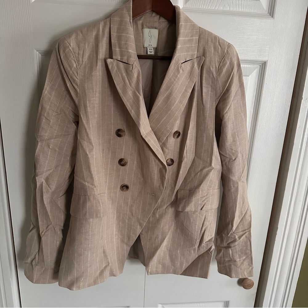 Joie Womens‎ Beige Gold Linen Cotton Lurex Pinstripe Double Breasted Blazer M - Picture 4 of 12